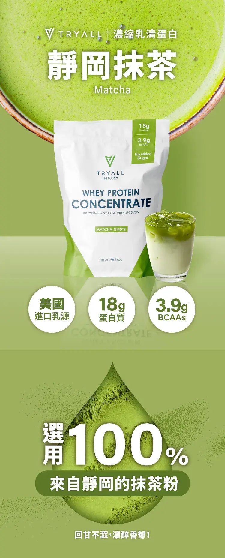 TRYALL 濃縮乳清蛋白粉-靜岡抹茶 500g