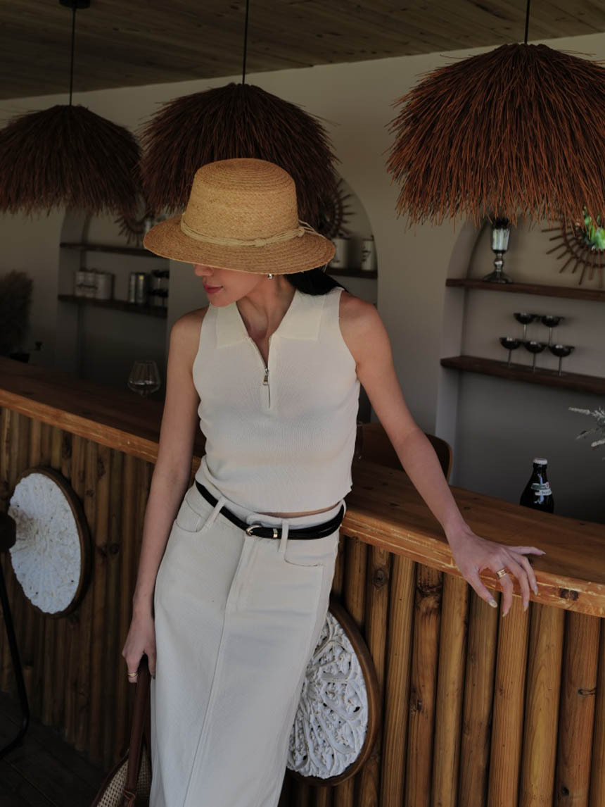 針織翻領半拉鏈短版背心*4色