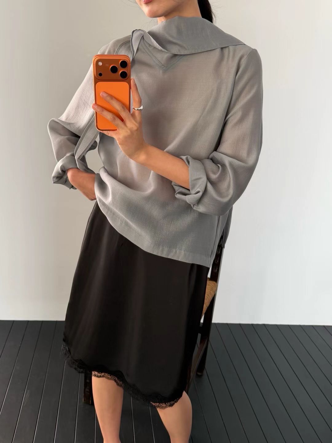 AG6040 蕾絲包邊緞面半身裙