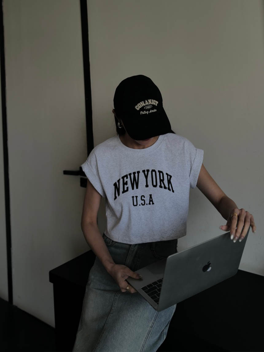 短版袖反摺New York上衣*5色