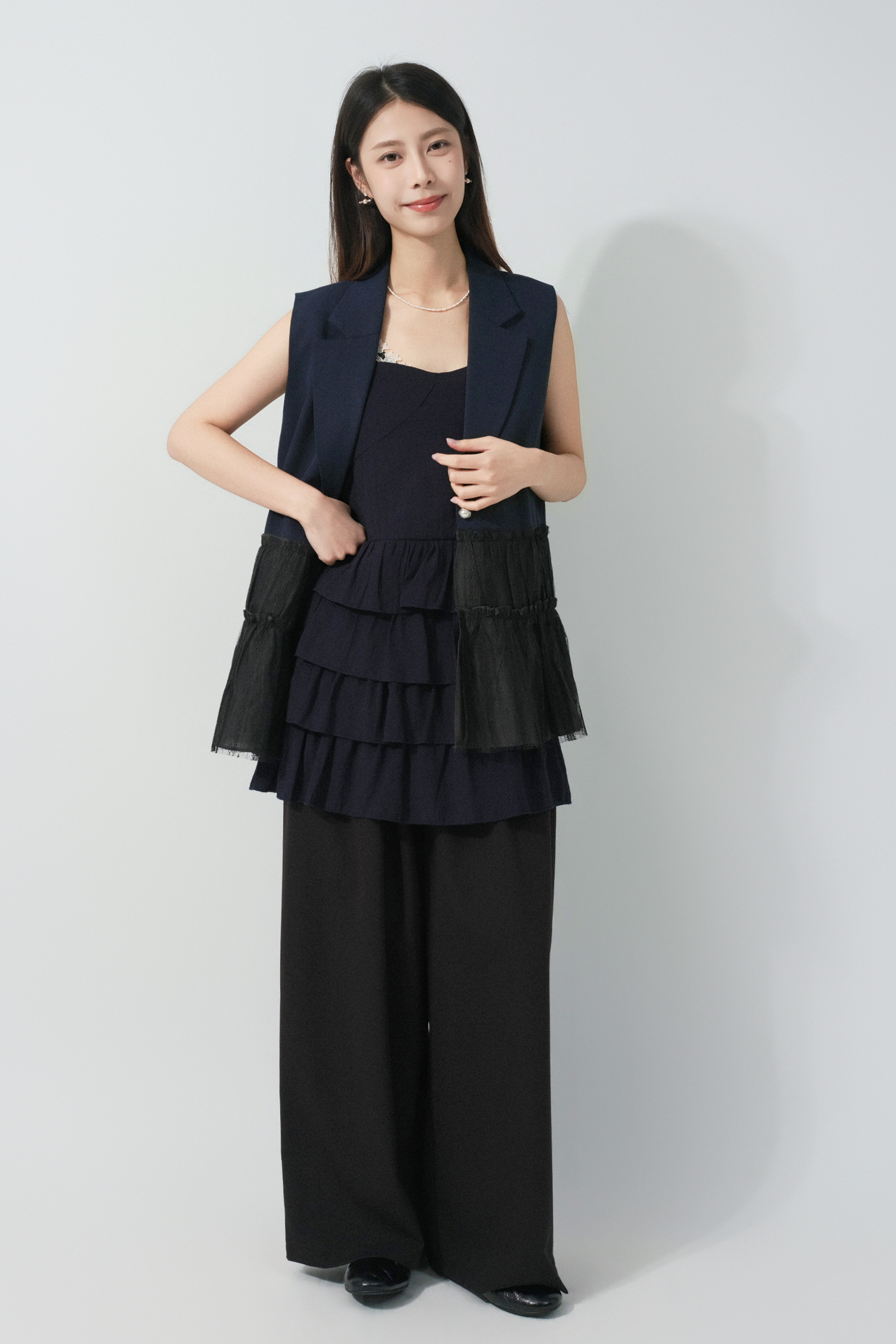 荷葉網紗腳西裝背心外套 （預購產品）