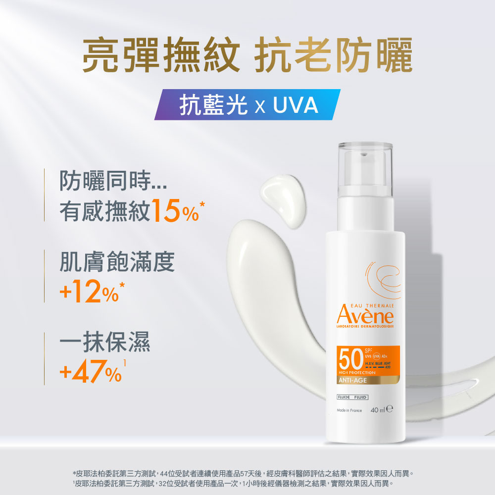 雅漾亮彈撫紋抗老防曬乳SPF50，兼具抗藍光與UVA防護，質地水潤一抹保濕，幫助肌膚亮彈並有感撫平細紋