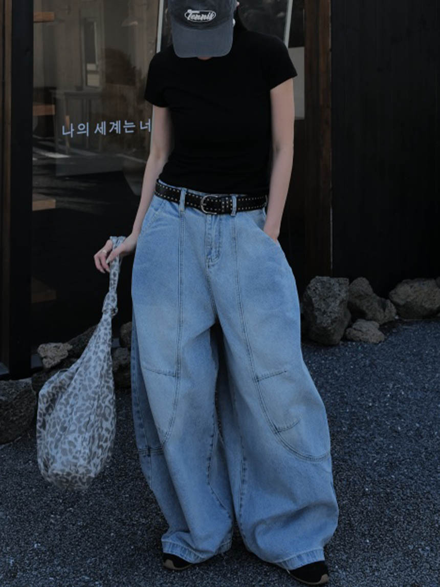 附皮帶厚磅氣球牛仔褲