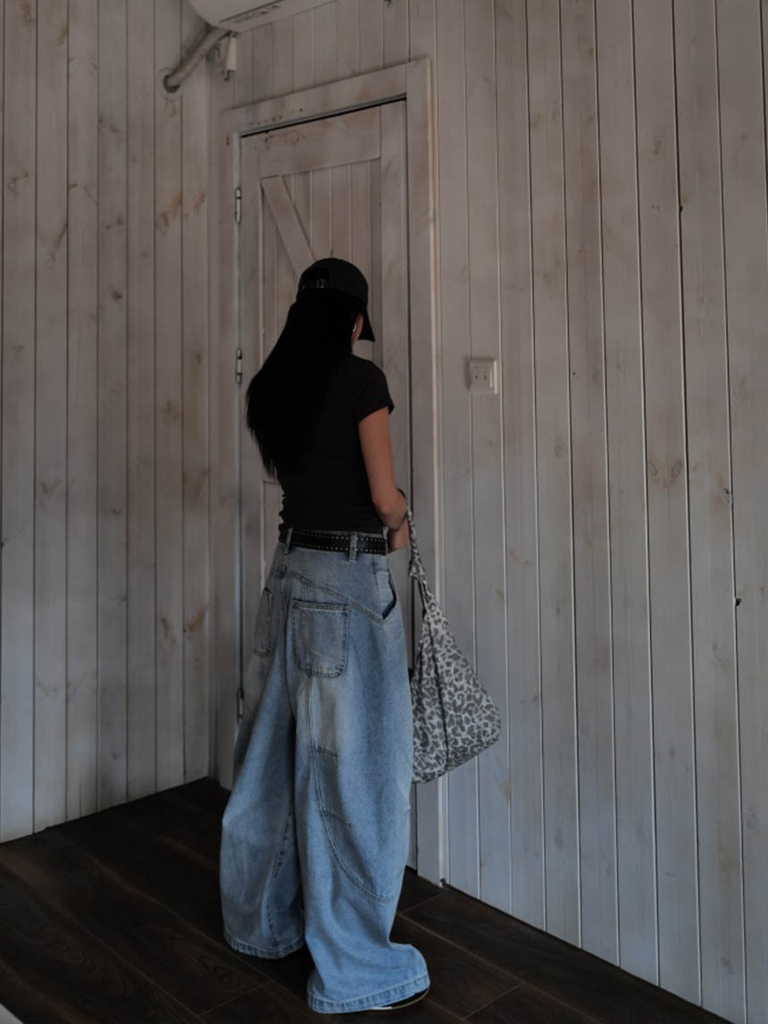 附皮帶厚磅氣球牛仔褲