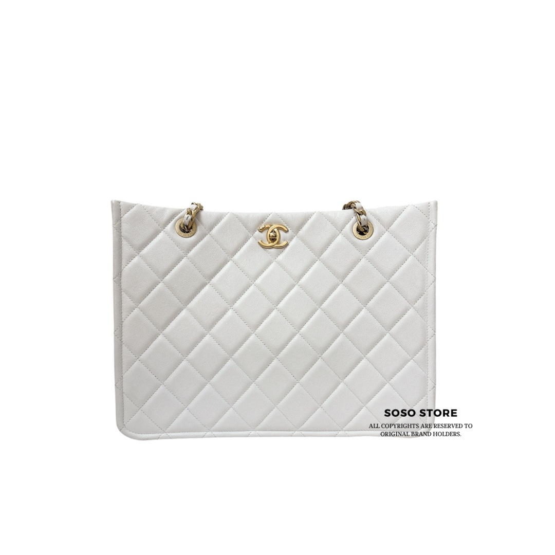 Chanel Classic Large Shopping Tote - White / Ghw