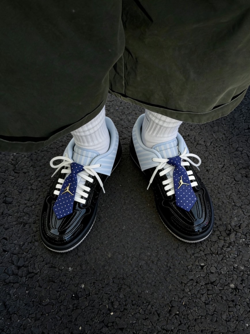 NIKE AIR JORDAN 1 MM V3 條紋 西裝風 皮鞋 波點領帶 金屬標 黑色 女款鞋 漆皮