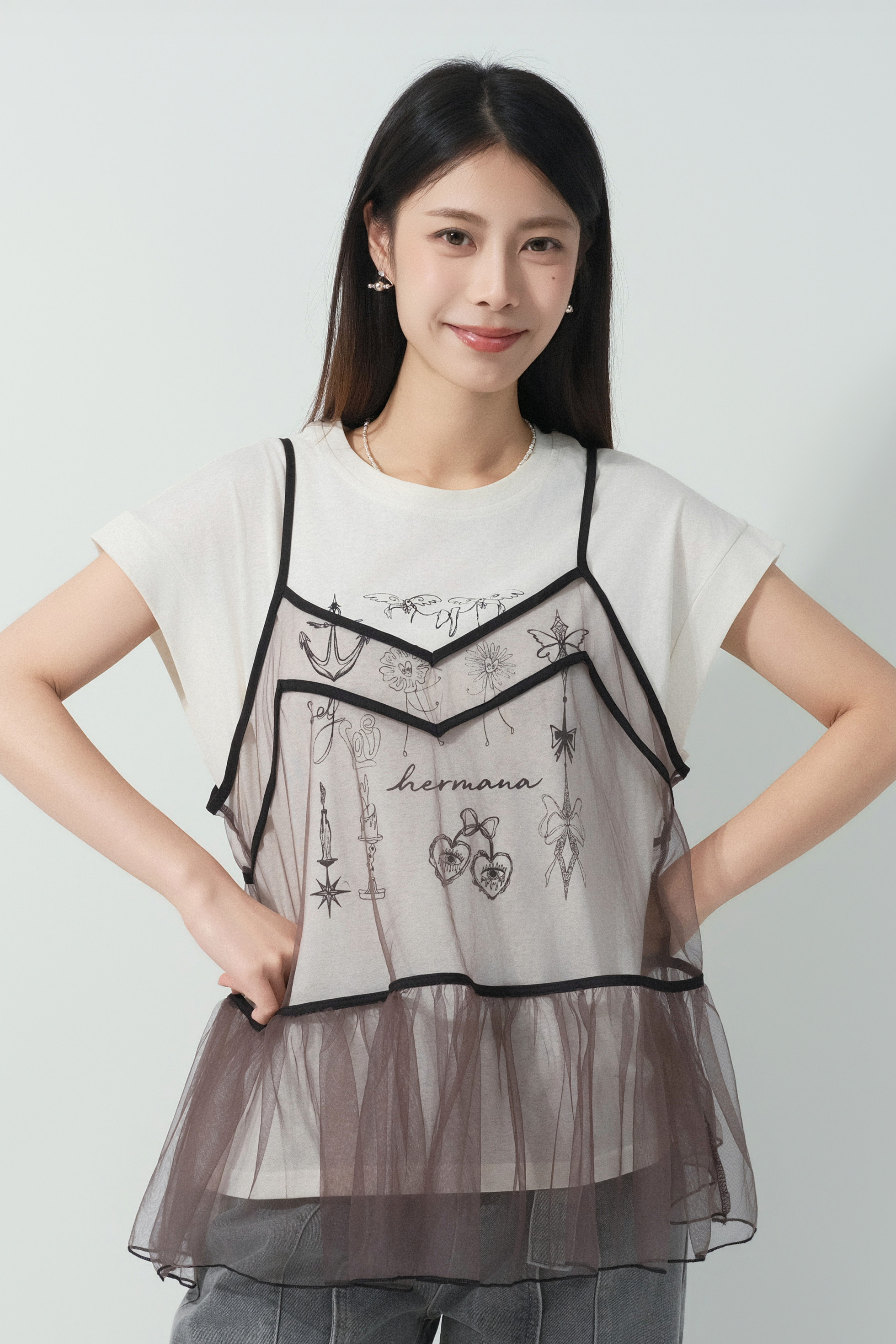 撞色邊網紗傘腳吊帶背心 (預購產品）