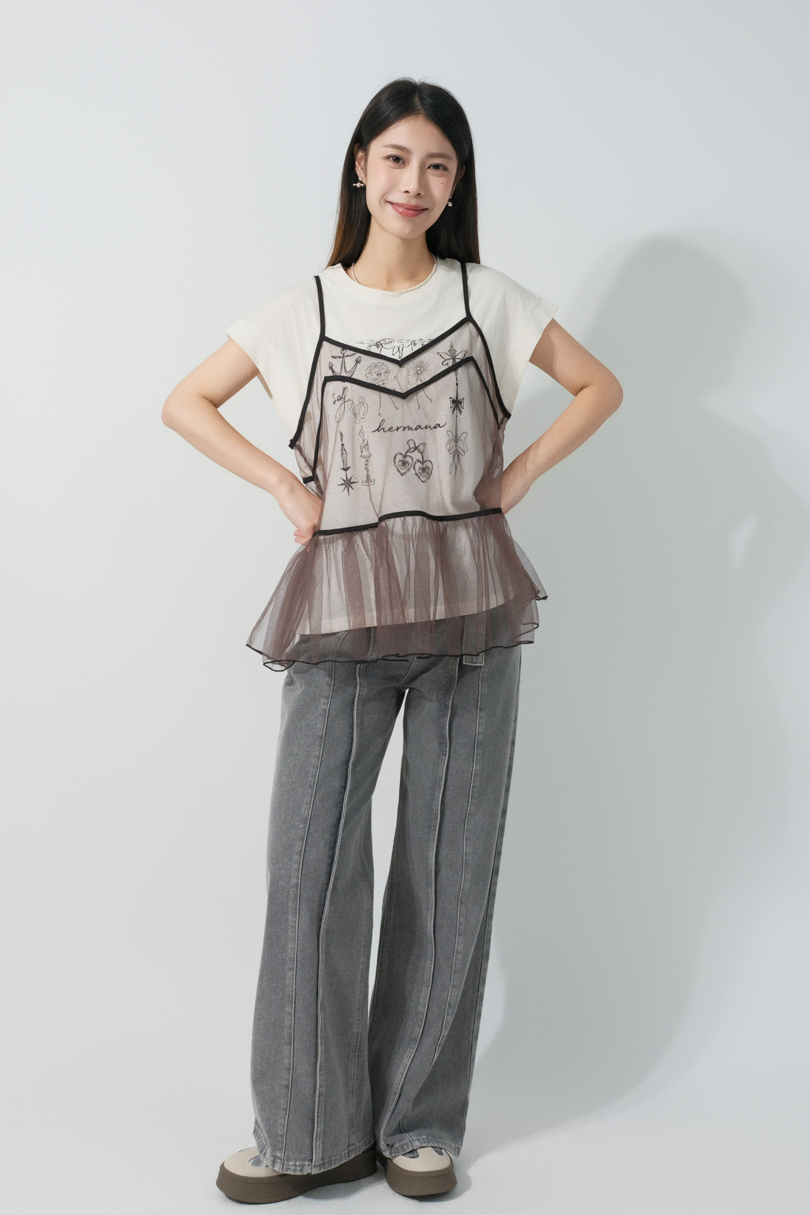 撞色邊網紗傘腳吊帶背心 (預購產品）