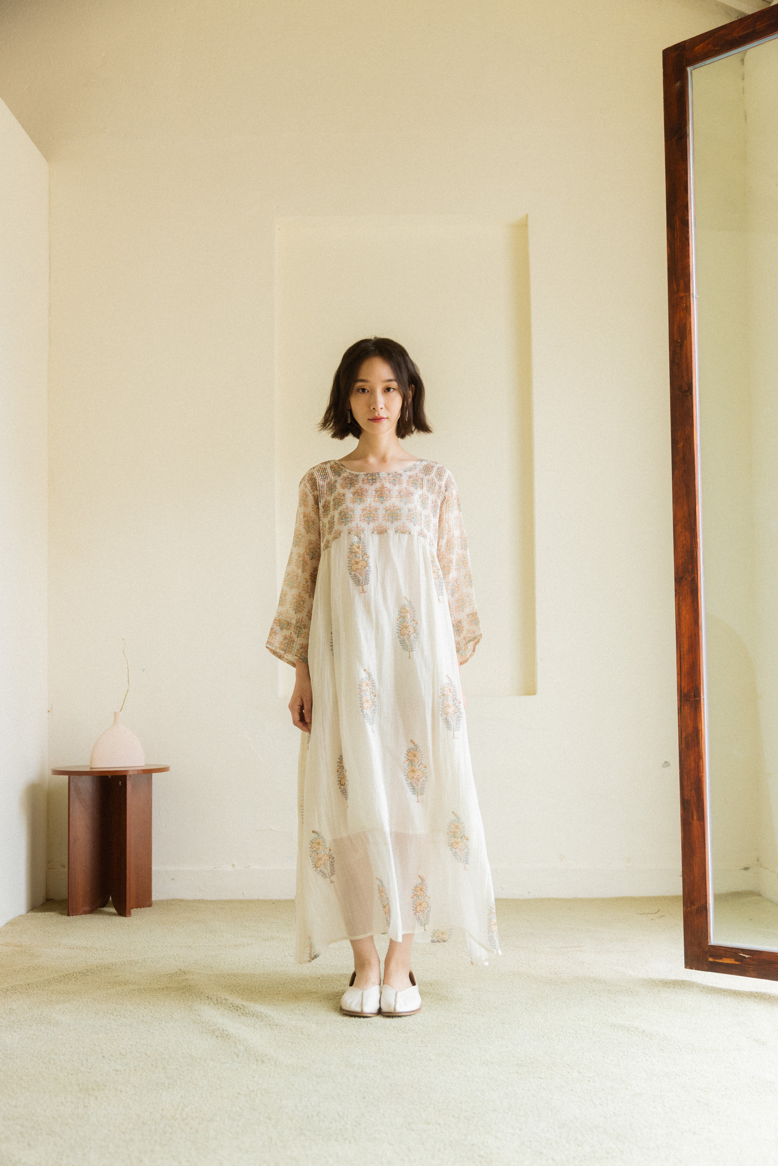 預購中【Lotus veda】長袖圖騰拼接絲棉長洋裝