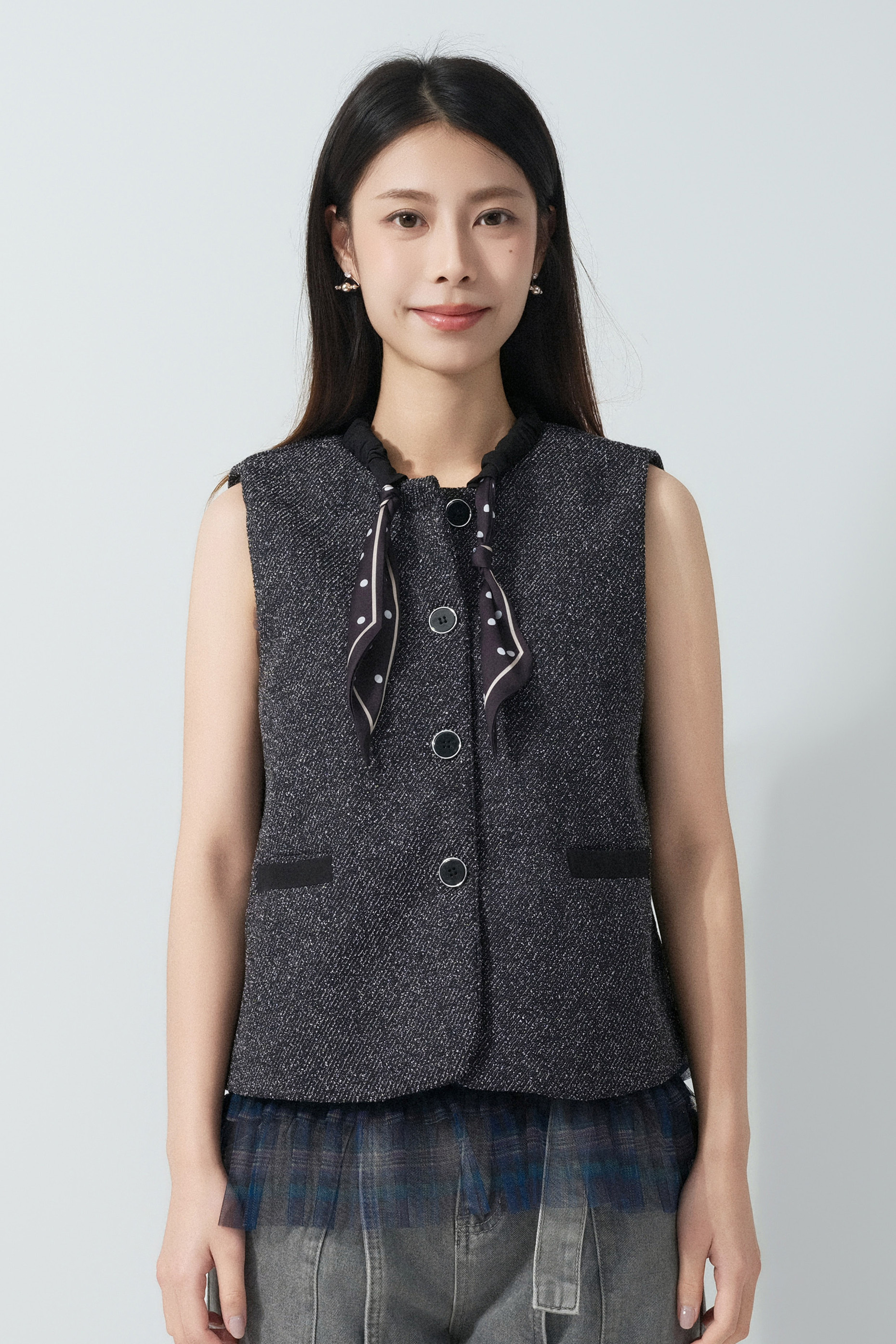 絲巾領斜紋背心外套 (預購產品）