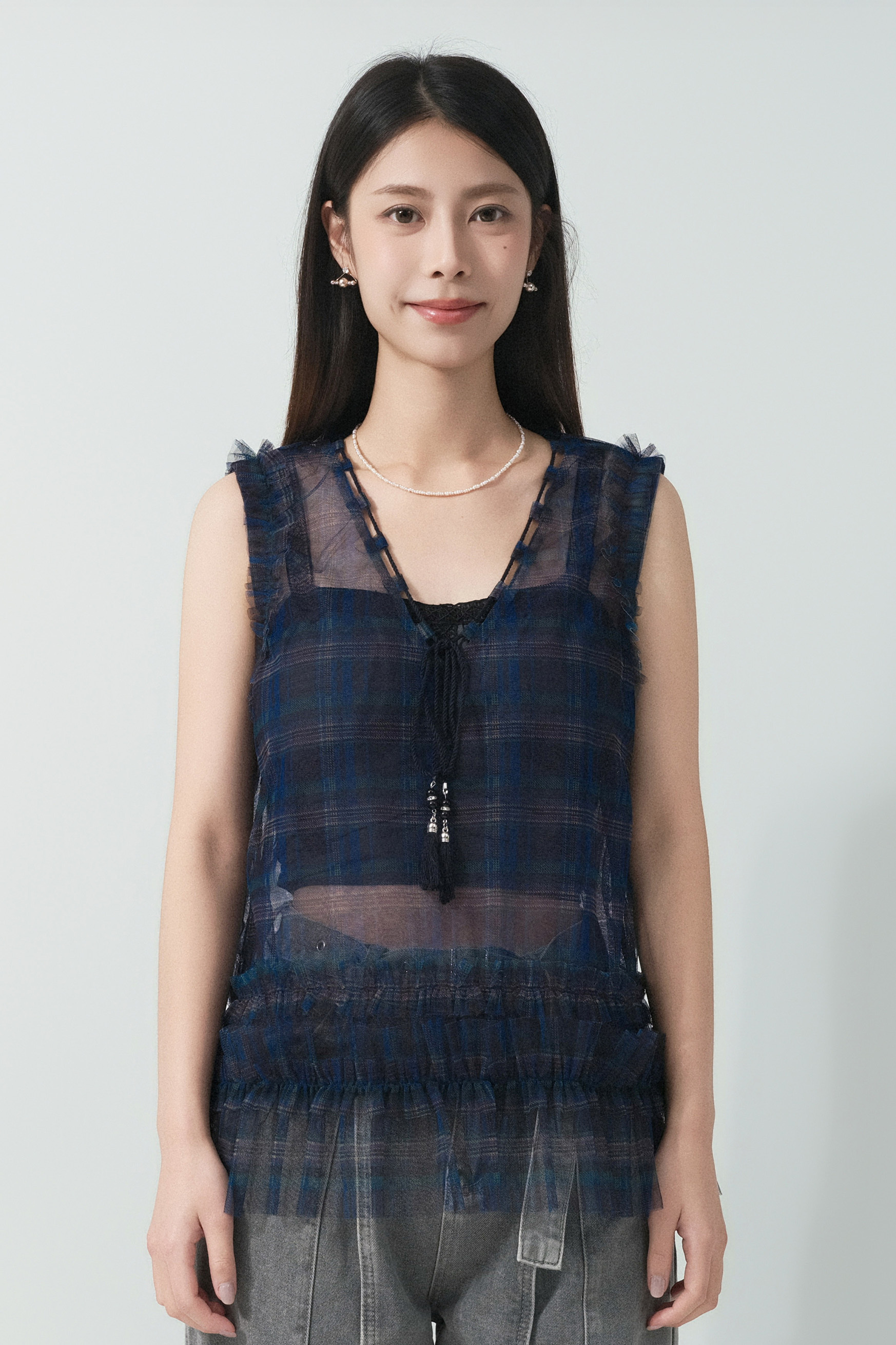 格紋網紗荷葉邊背心  (預購產品）