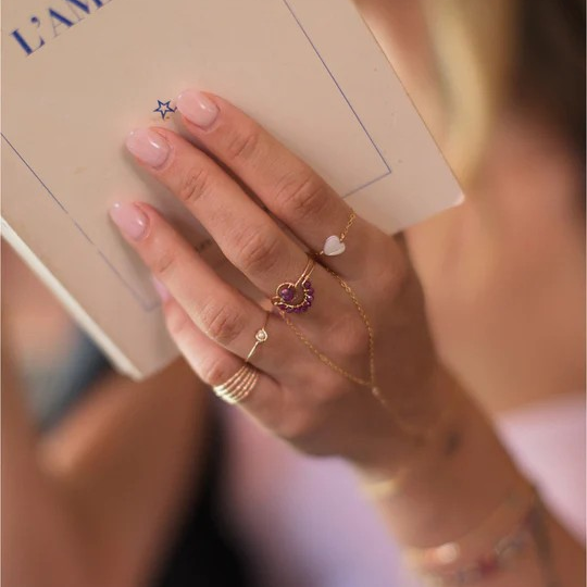 1YA0326-008 [YAY PARIS] Heart Chain Ring - Mother-of-Pearl Rolled Gold #2copr101 (EU)