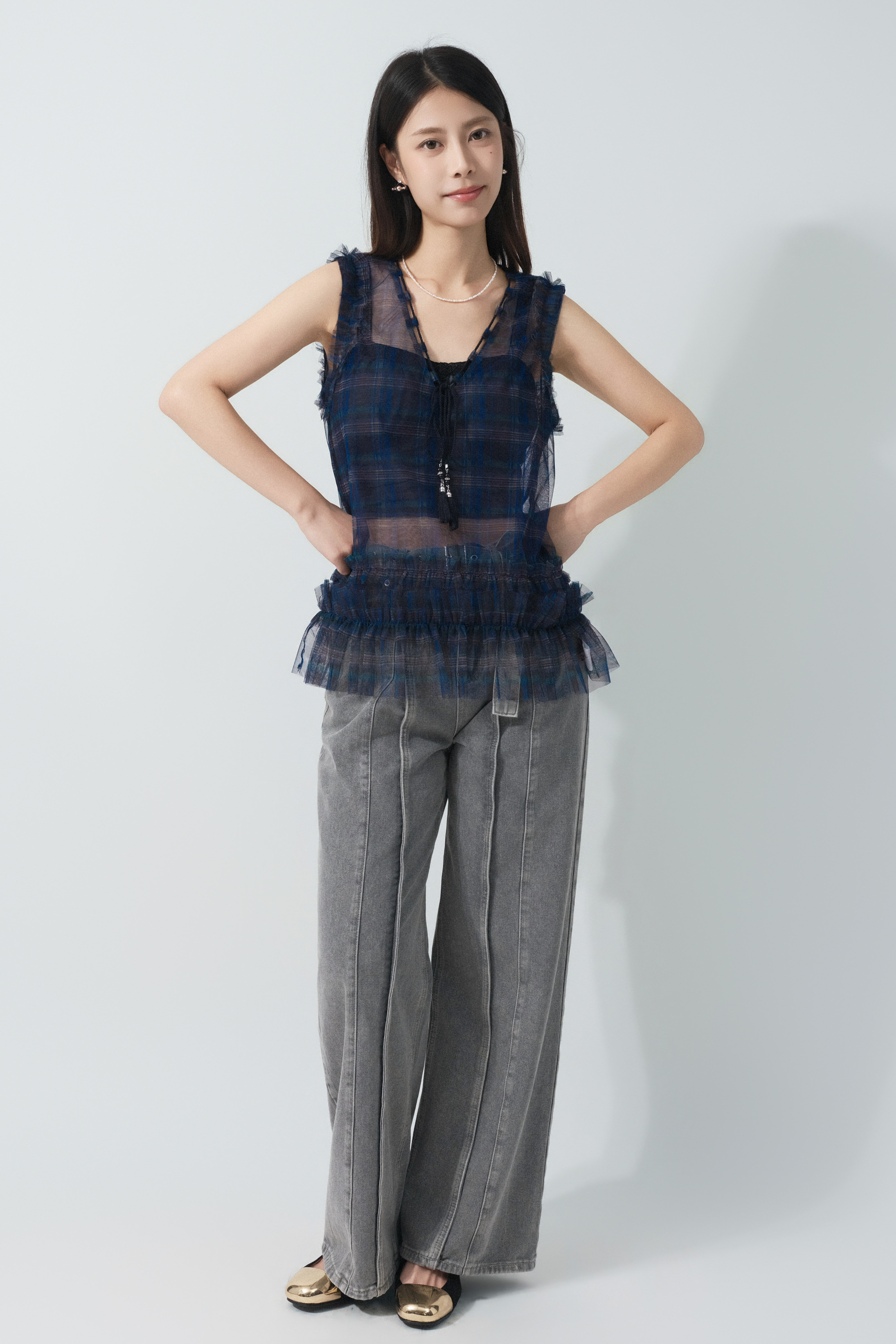 格紋網紗荷葉邊背心  (預購產品）