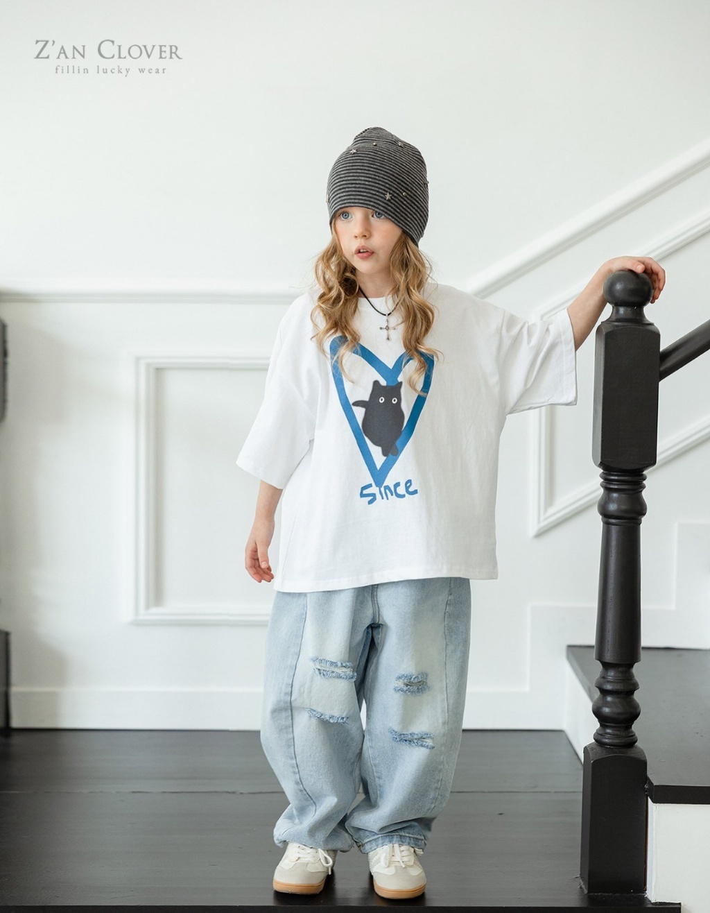 正韓夏ZAN CLOVER 復古刷白破壞牛仔褲