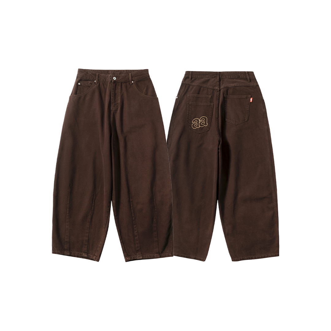 A.A Washed Brown Baggy 水洗棕刺繡寬褲