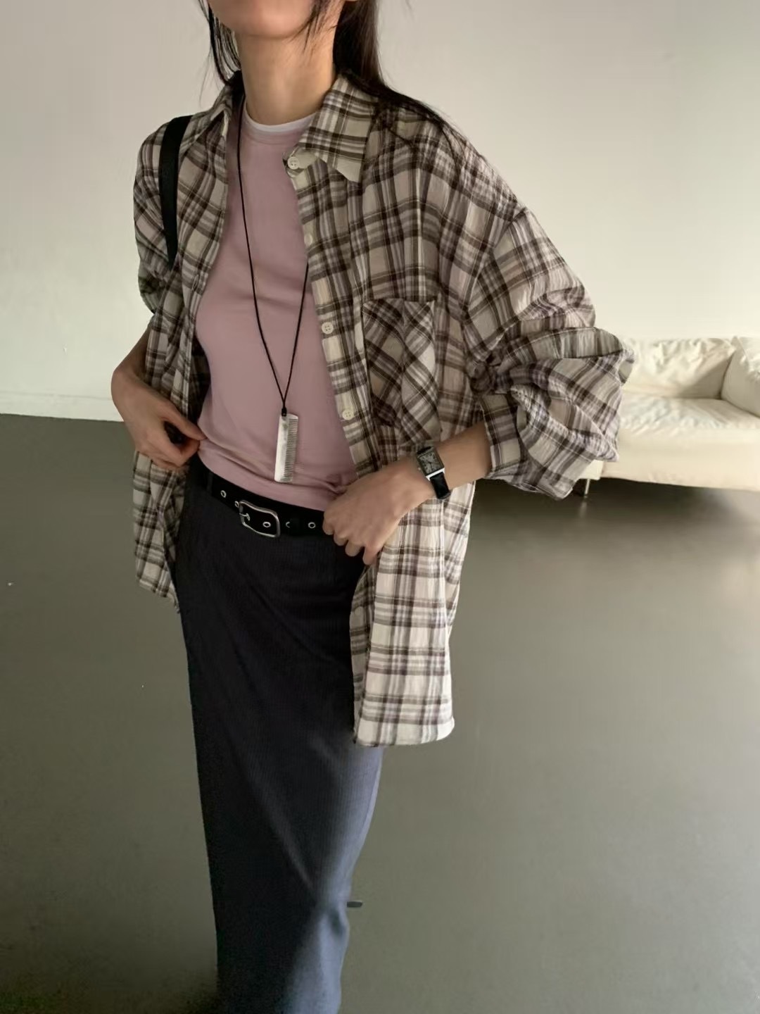 E12-oversized不易皺格紋襯衫(3色)