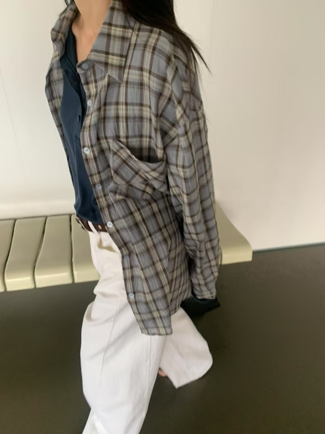 E12-oversized不易皺格紋襯衫(3色)