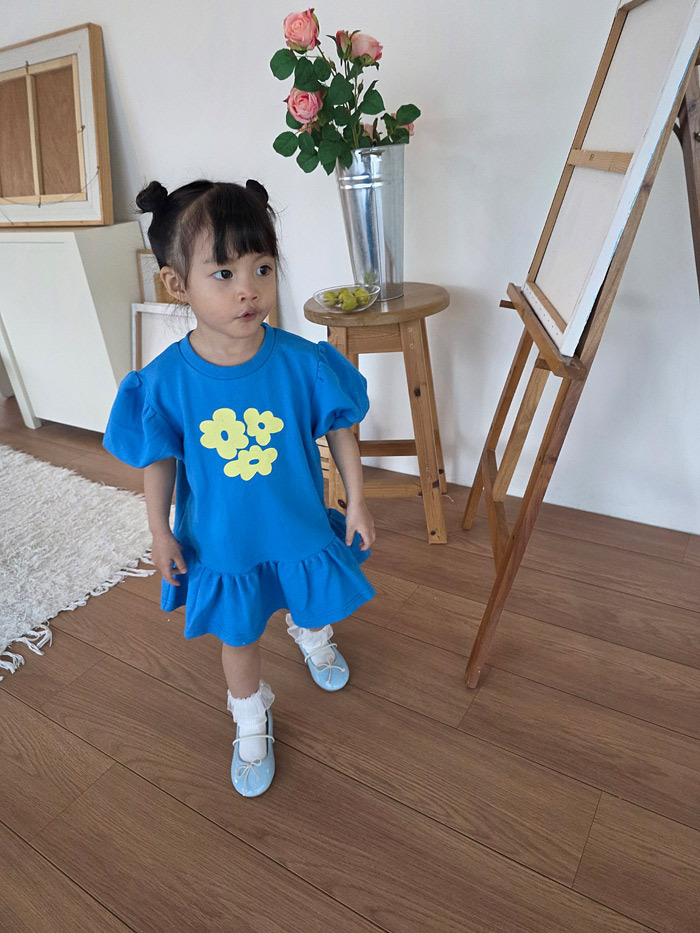 正韓夏COLOR 兩色澎袖花朵洋裝