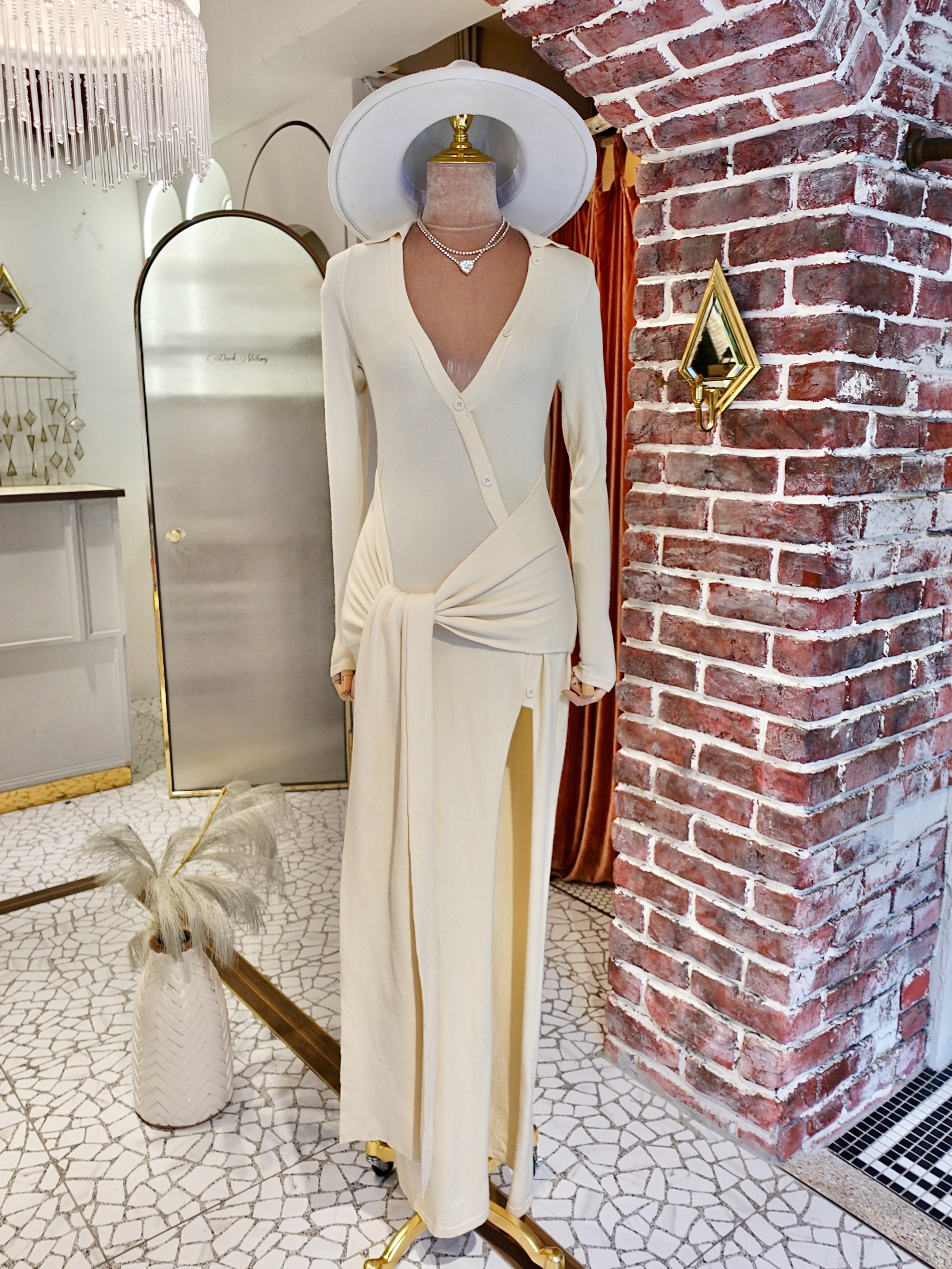 Lemon Cream奶油檸檬色襯衫扣綁帶開叉  Maxi Dress