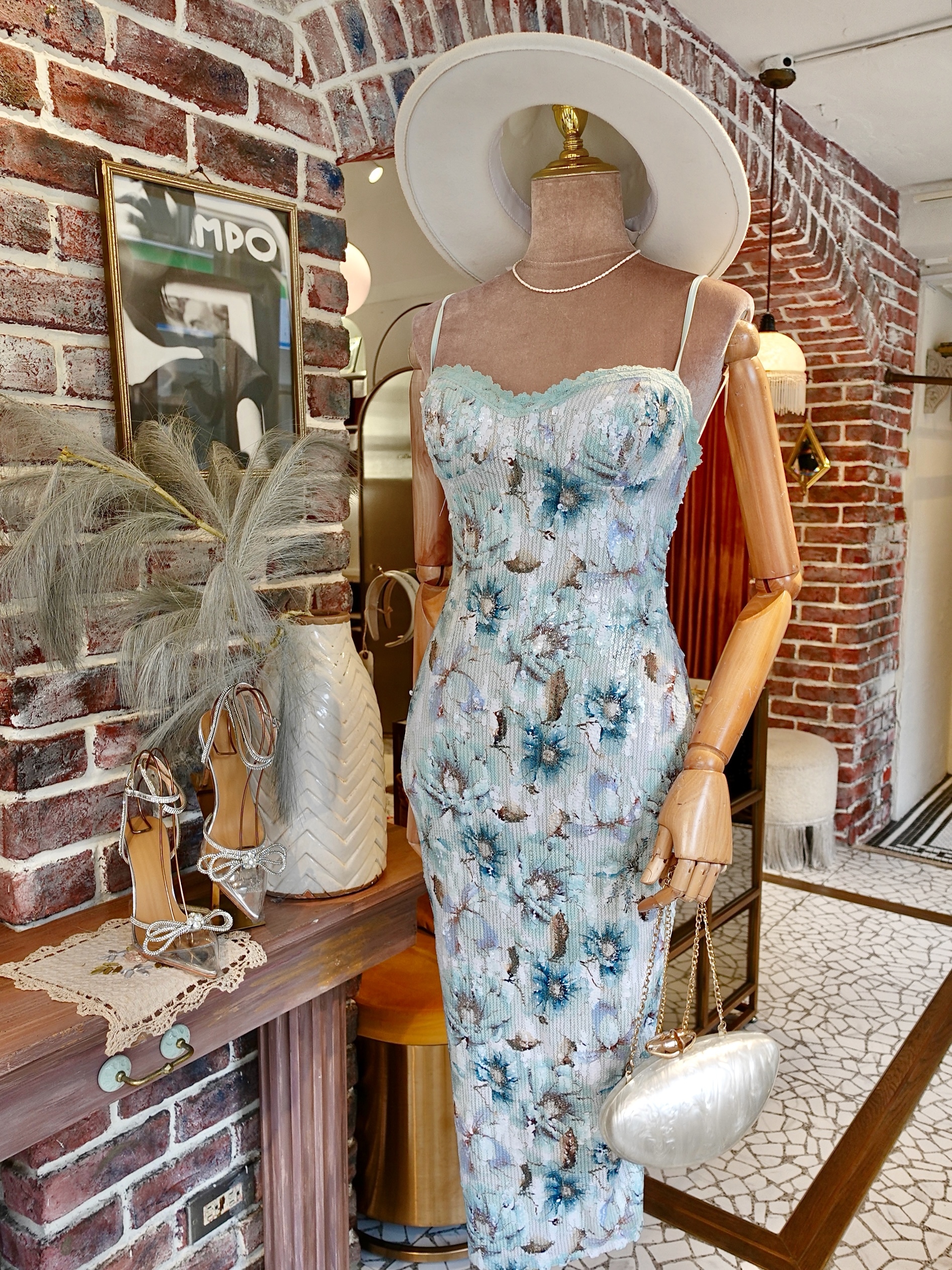 Sage湖藍綠色印花亮片蕾絲馬甲Midi Dress