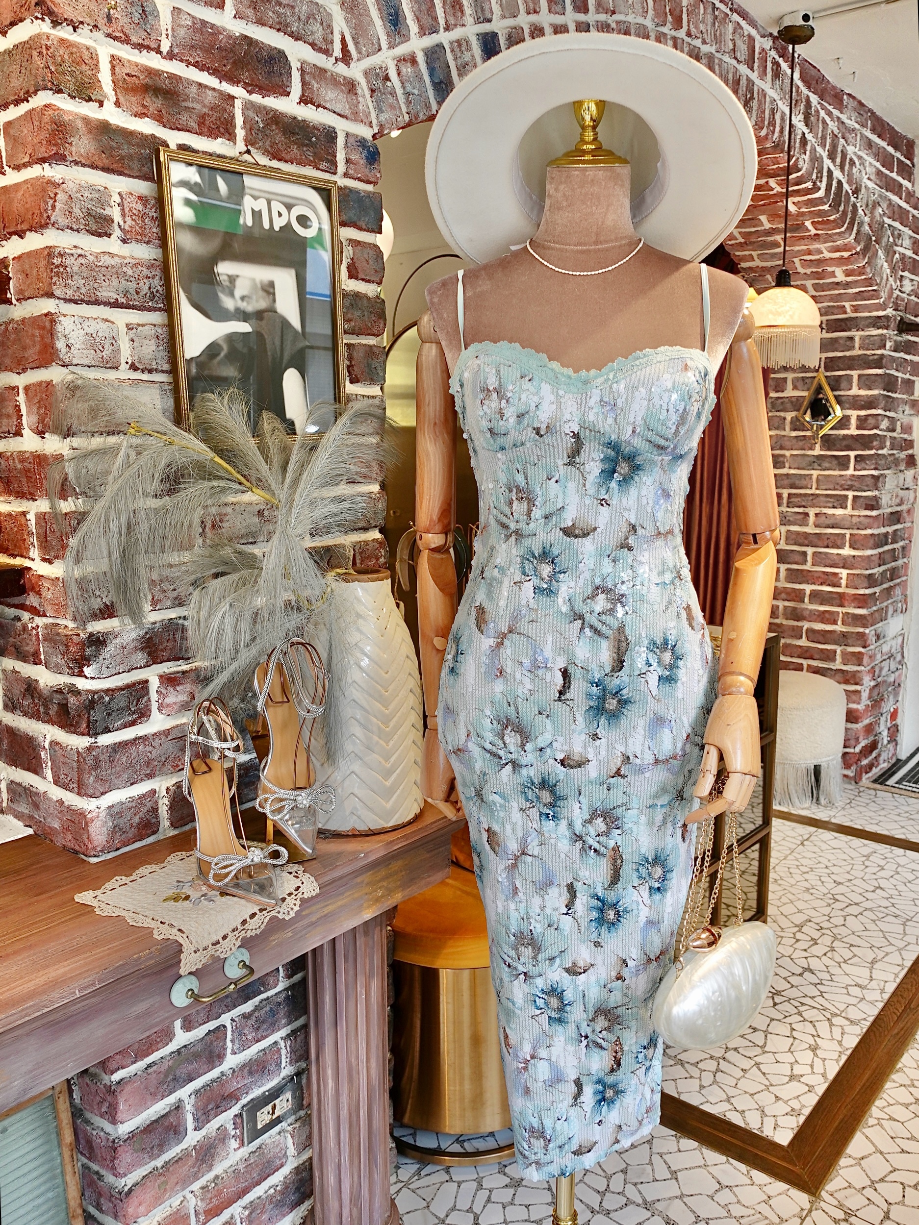 Sage湖藍綠色印花亮片蕾絲馬甲Midi Dress