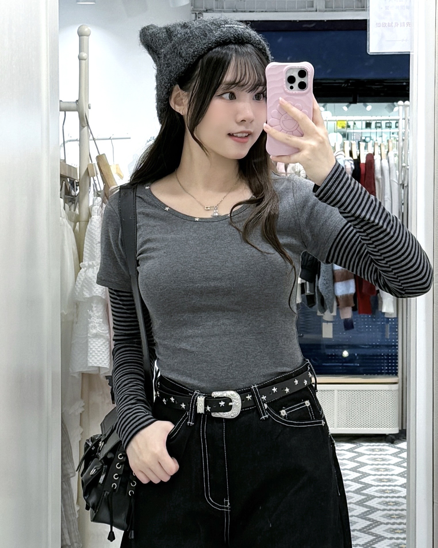 T1334｜韓系小型格*ੈ✩‧₊˚ 星星窩釘間紋長袖假兩件