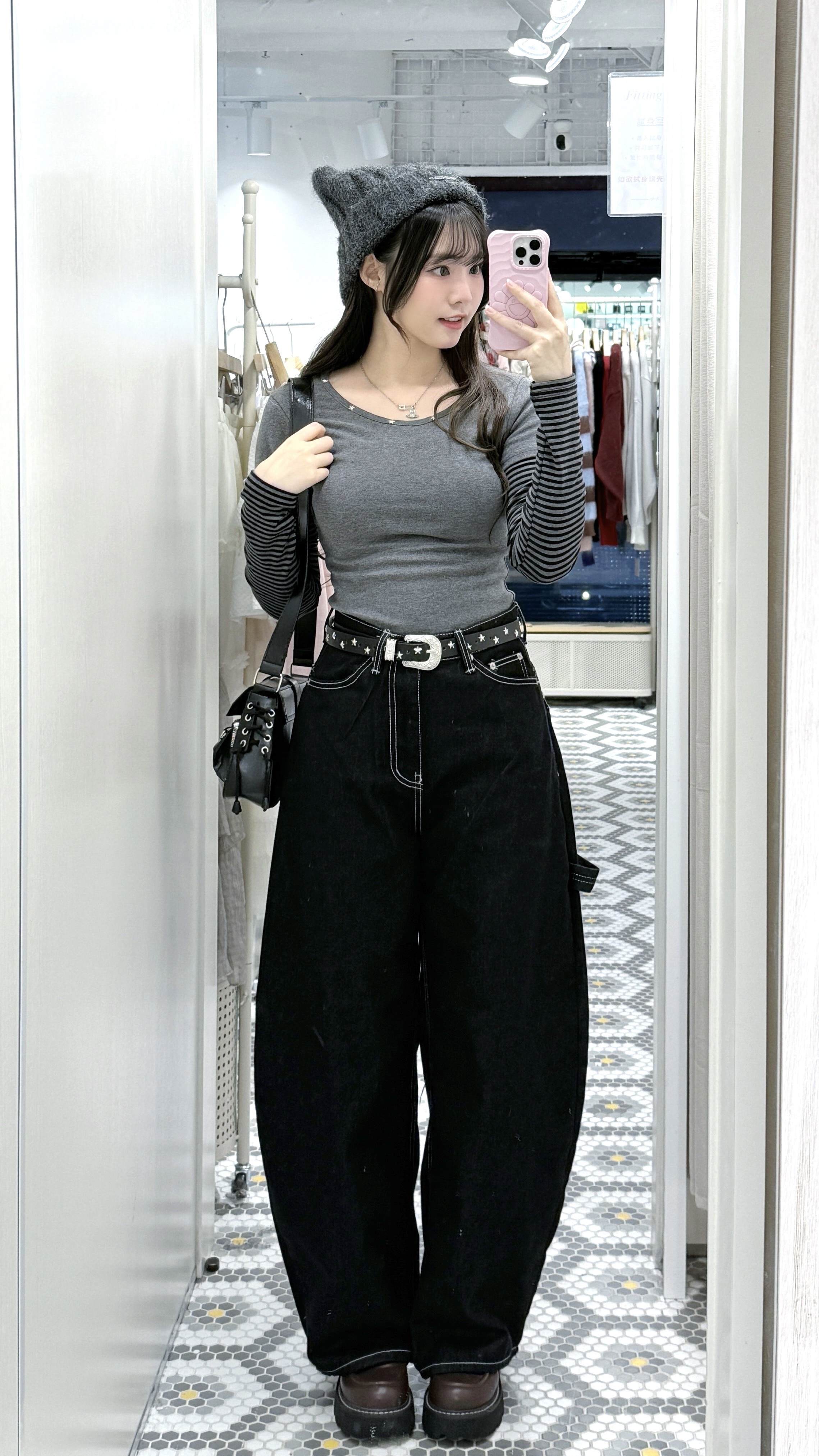 T1334｜韓系小型格*ੈ✩‧₊˚ 星星窩釘間紋長袖假兩件