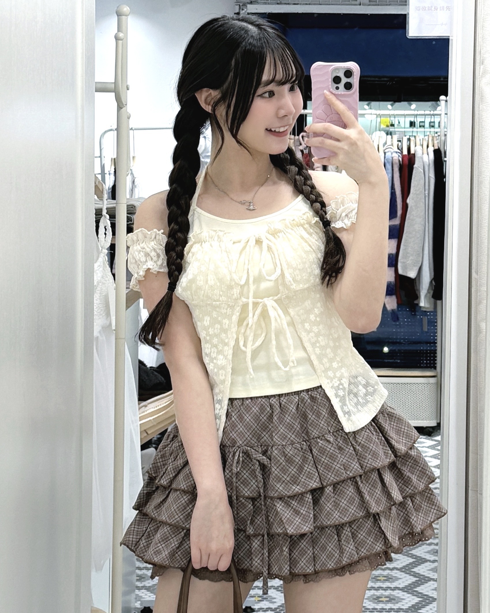 T1029｜小透視花花綁帶掛頸假兩件上衣