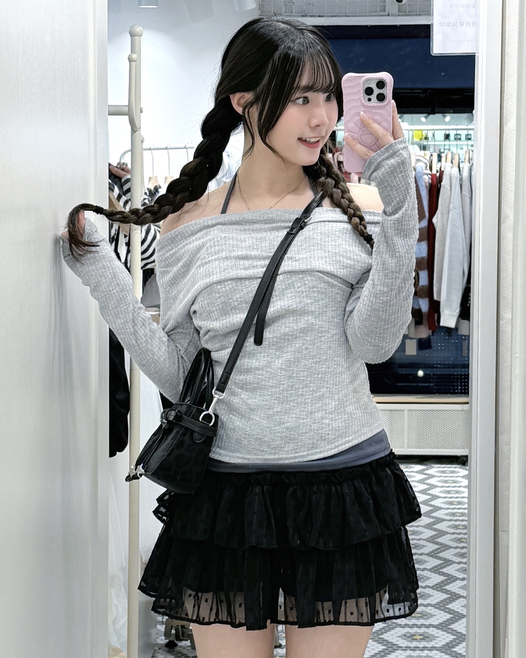 T1327｜4色入ᝰ.ᐟ onni風暗直紋掛頸長袖假兩件