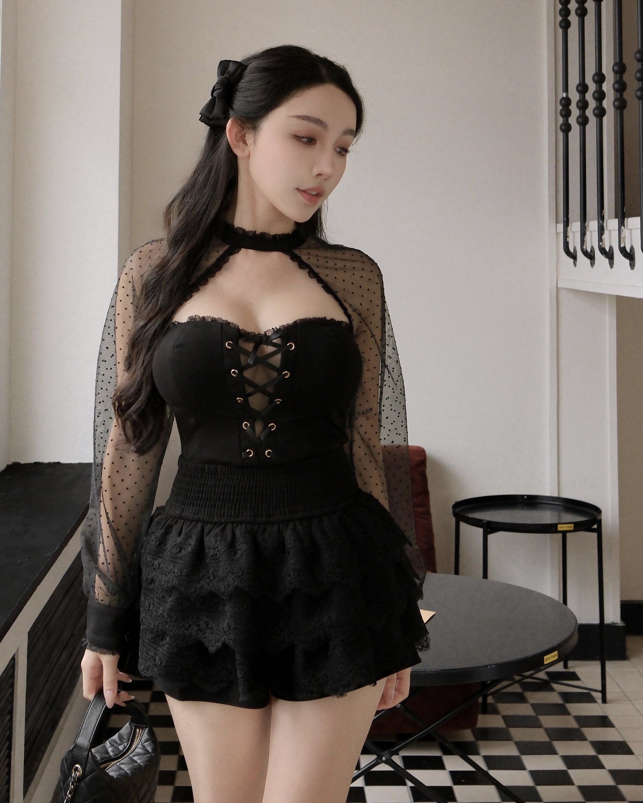 訂製-純欲圓點網紗桃心緞帶上衣