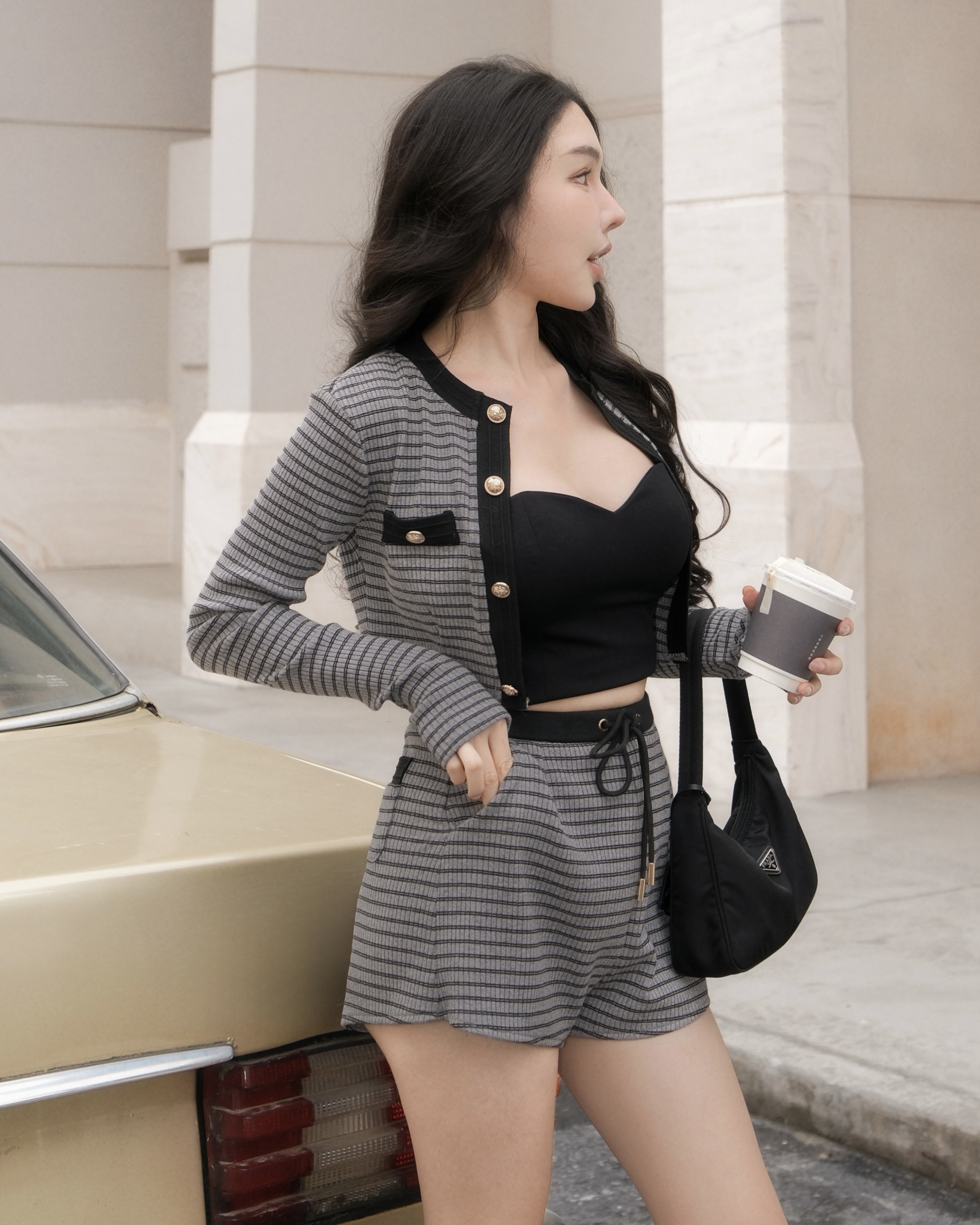 訂製-質感條紋金釦短褲套裝