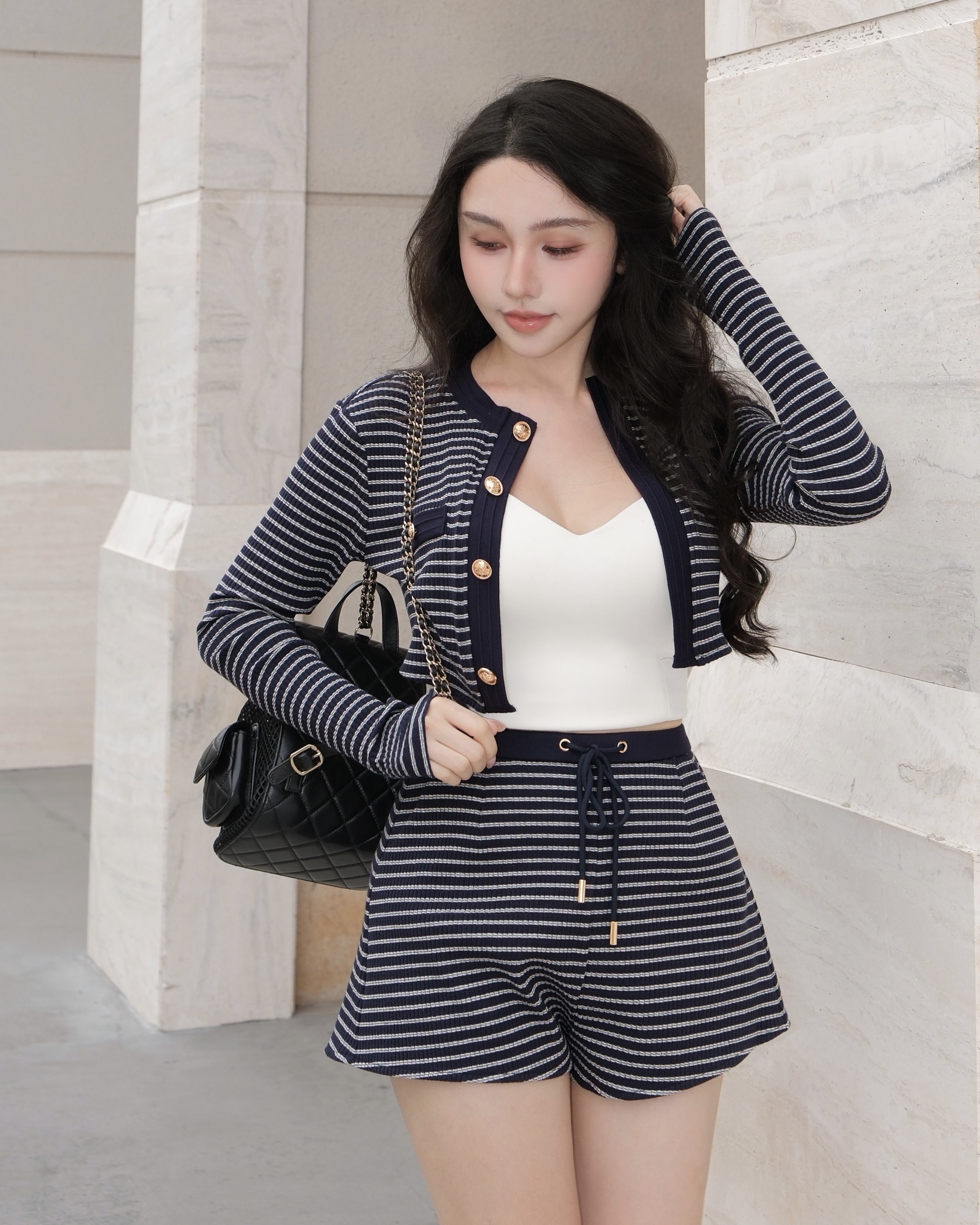 訂製-質感條紋金釦短褲套裝