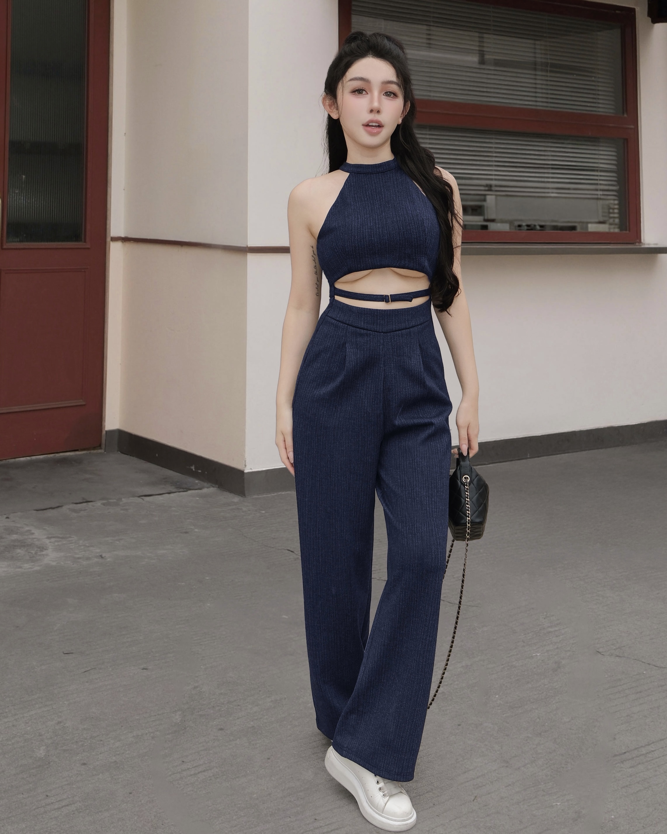 訂製-織紋牛仔削肩鏤空連身長褲