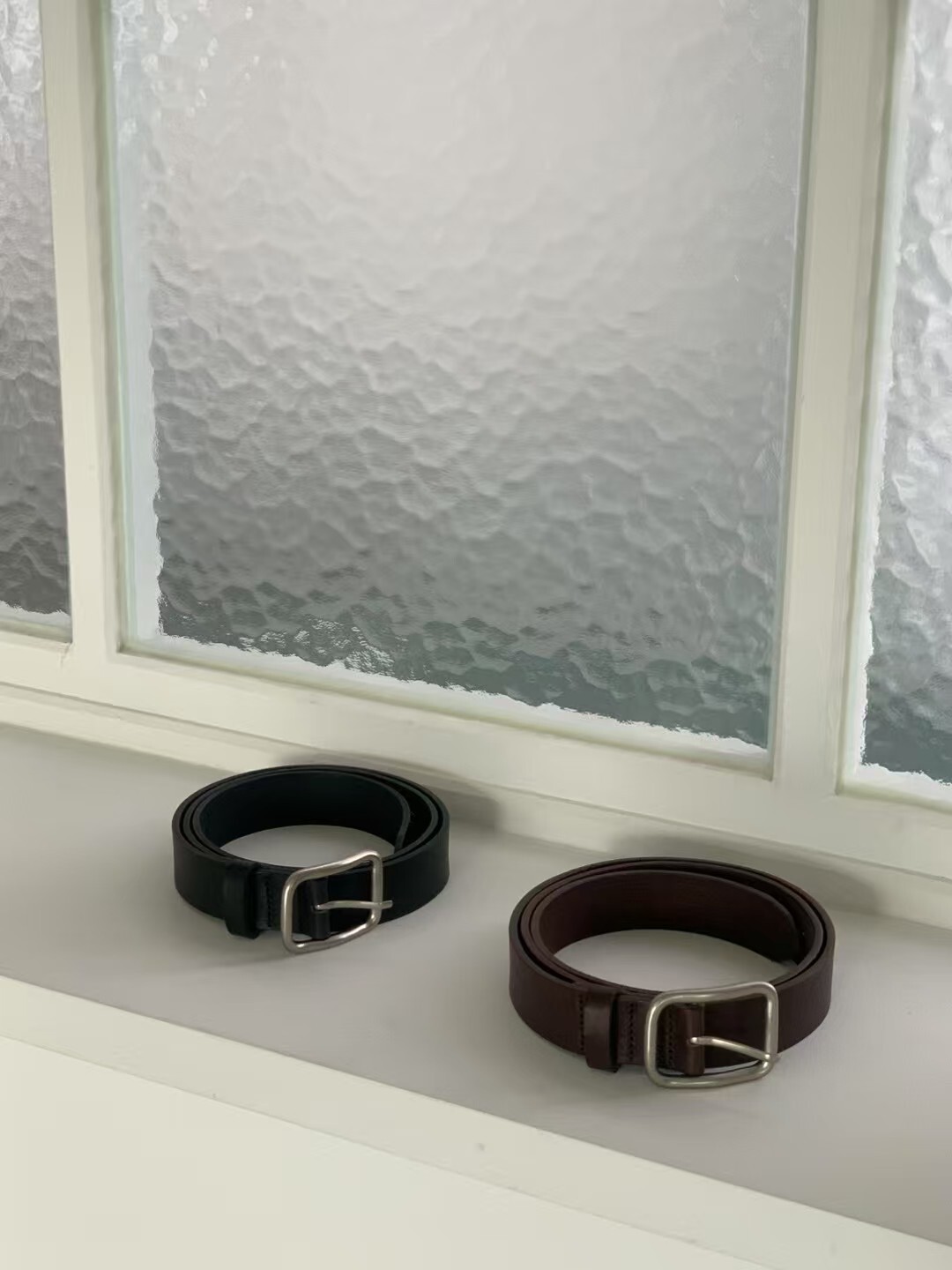 E13-牛皮銀方頭皮帶(黑/咖)