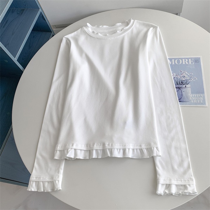 No.1673 薄絨圓領拼接花邊打底衫