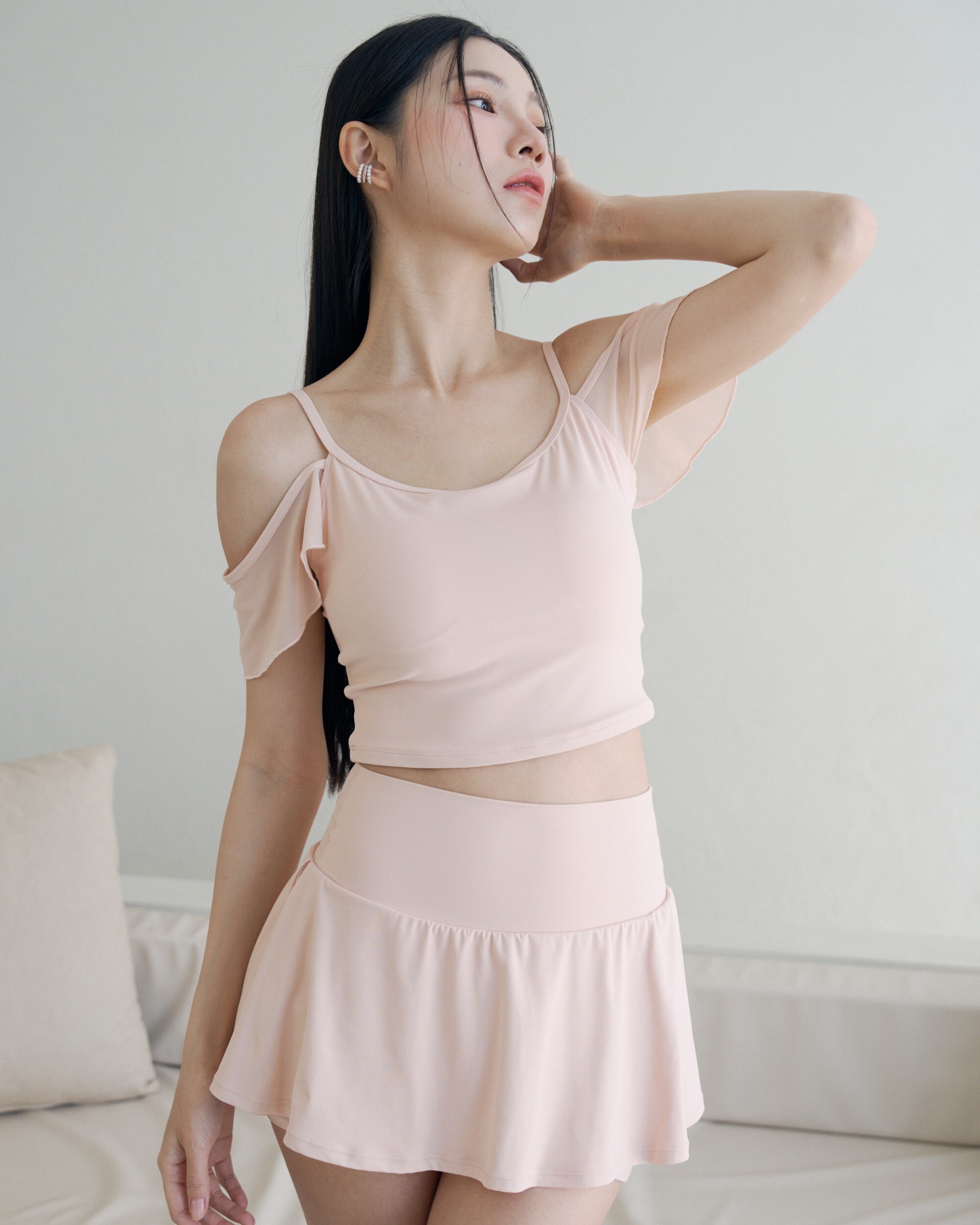 Muse交叉美背雪紡袖機能上衣-橘粉