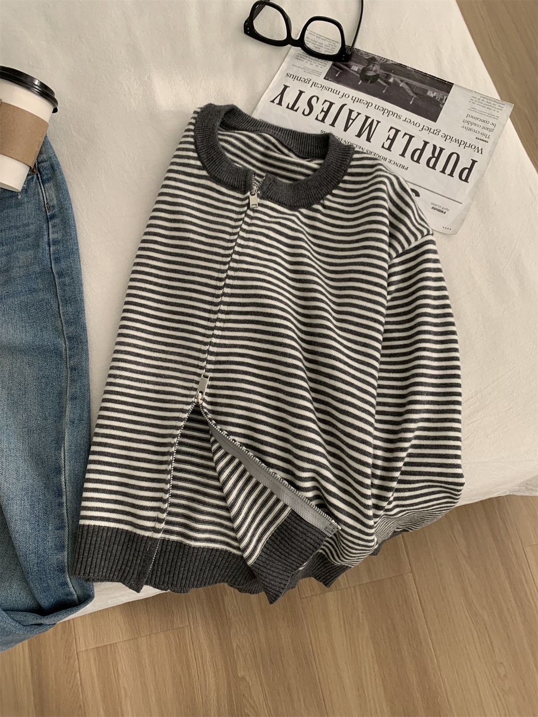 No.4158 圓領細條紋針織薄外套