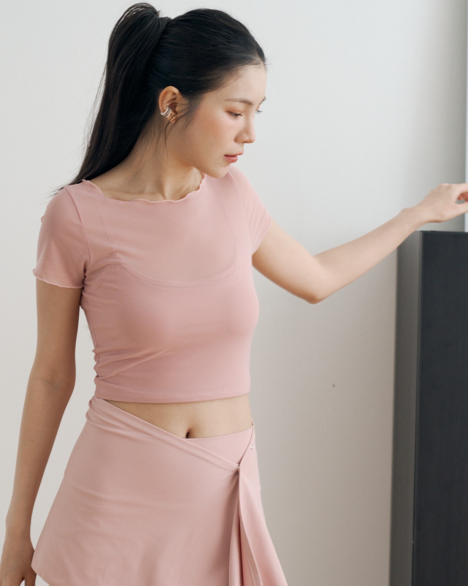彈性網紗假兩件短袖Bra top上衣-芭蕾粉