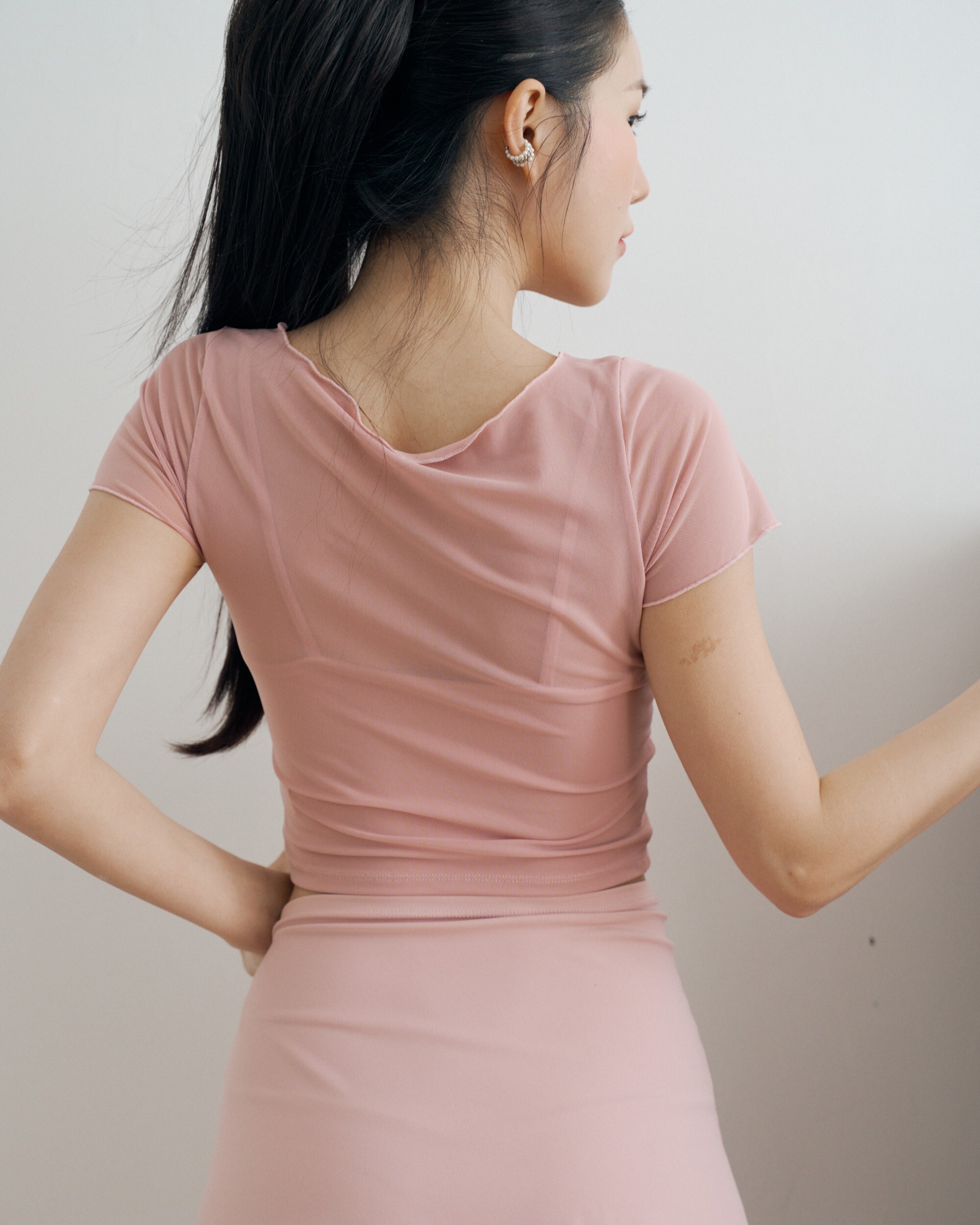 彈性網紗假兩件短袖Bra top上衣-芭蕾粉