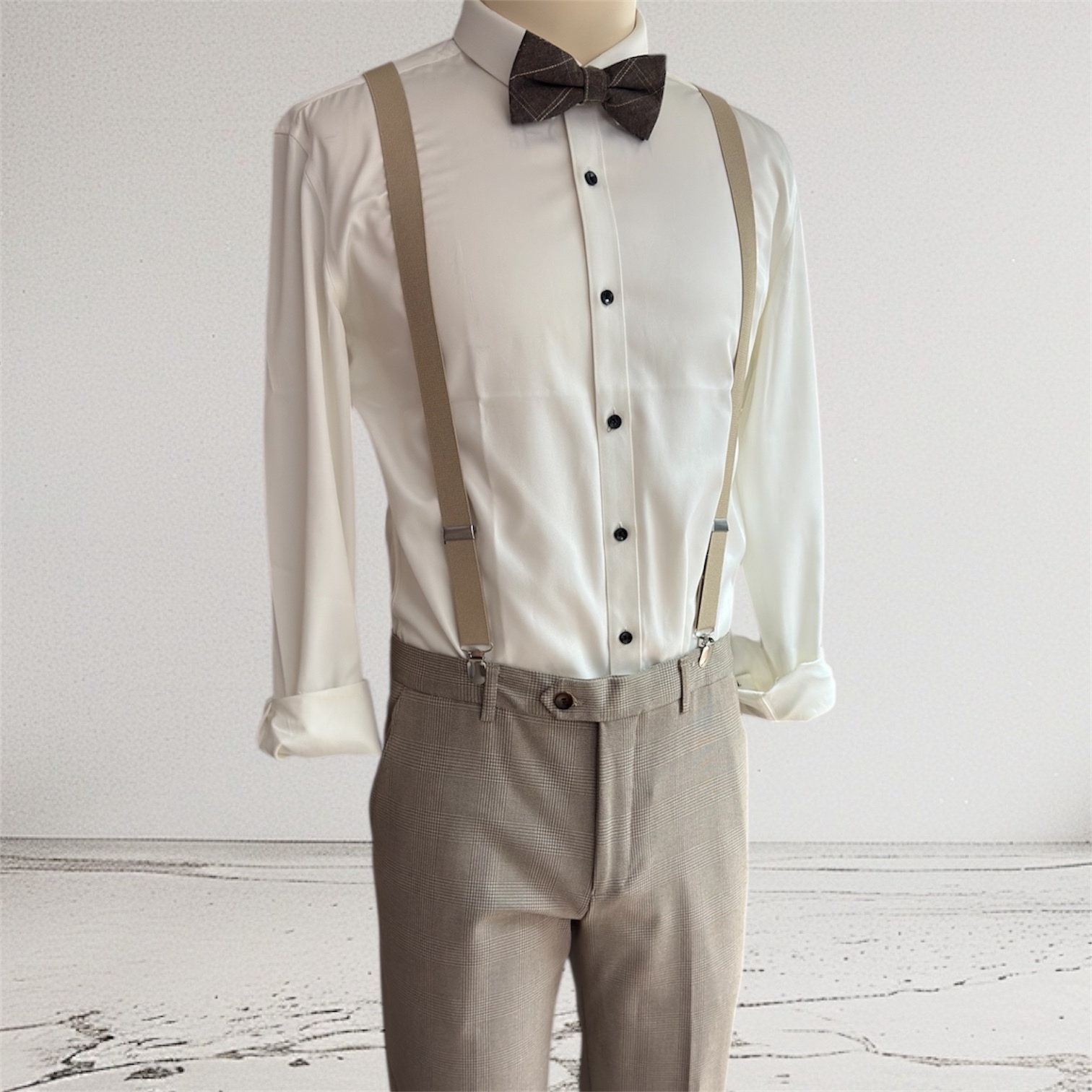 淺啡千鳥格吊帶SET