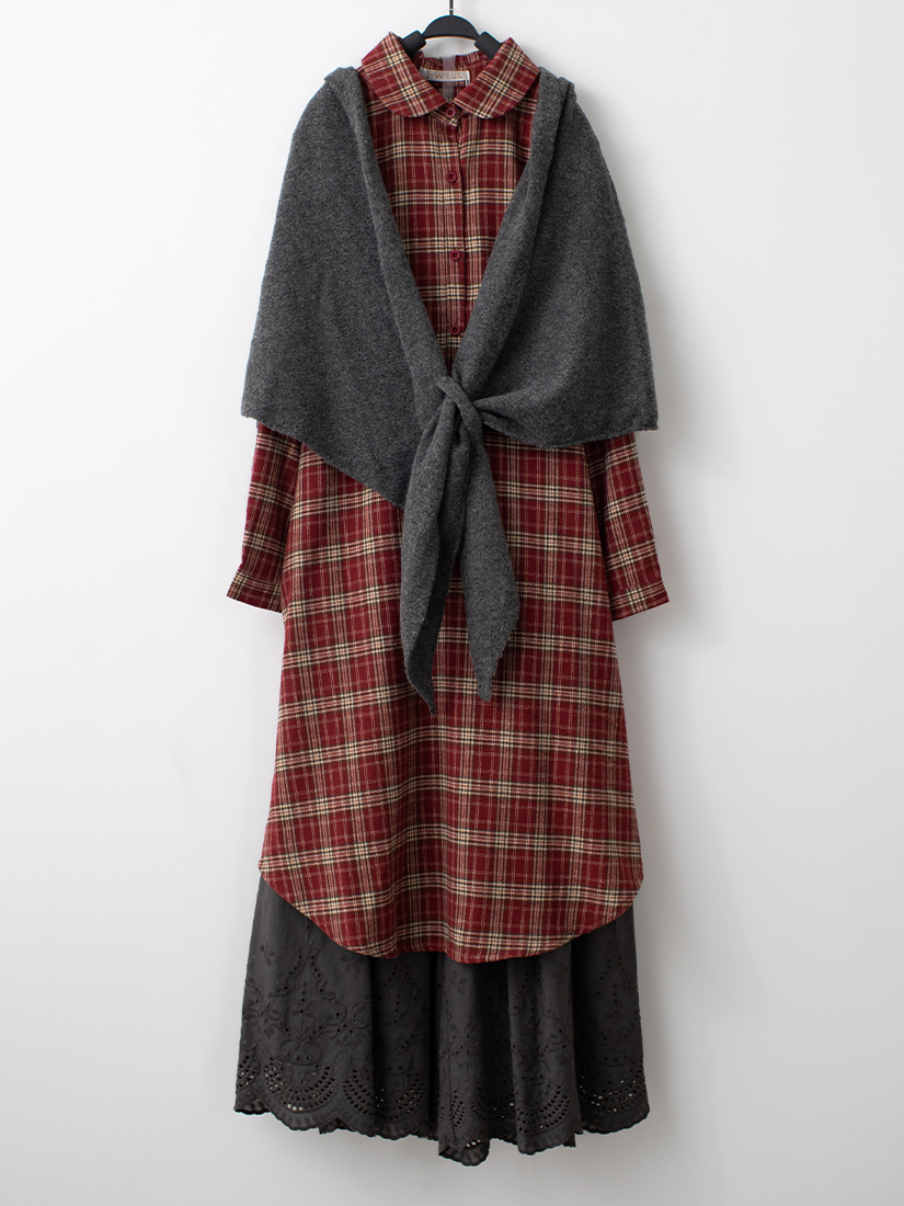 法蘭絨格紋洋裝繡花純棉寬褲