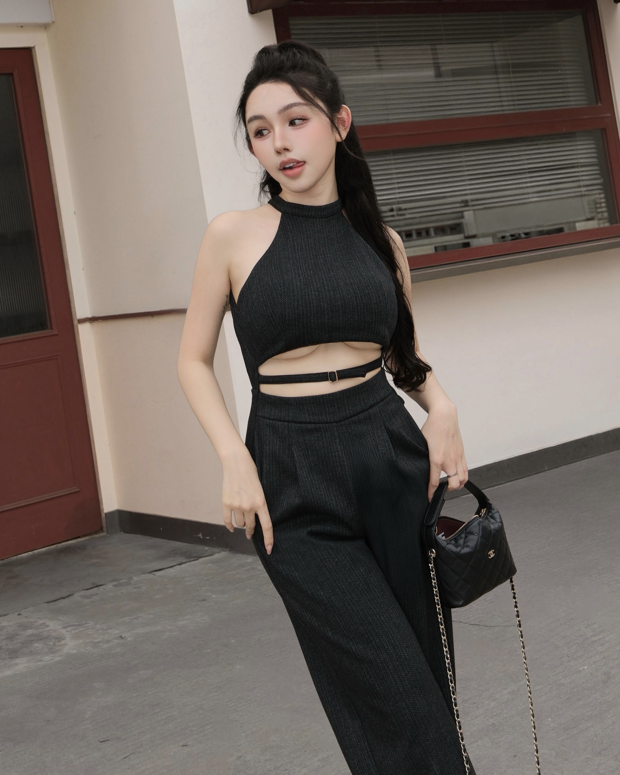 訂製-織紋牛仔削肩鏤空連身長褲