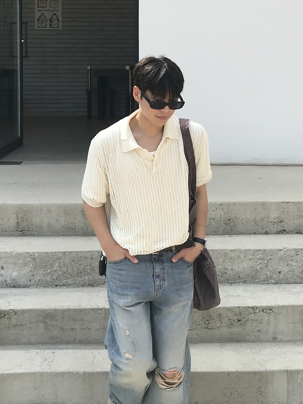 亞麻翻領針織上衣