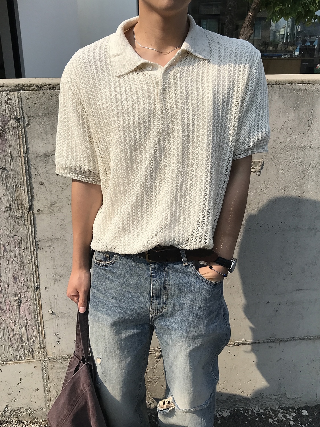 亞麻翻領針織上衣