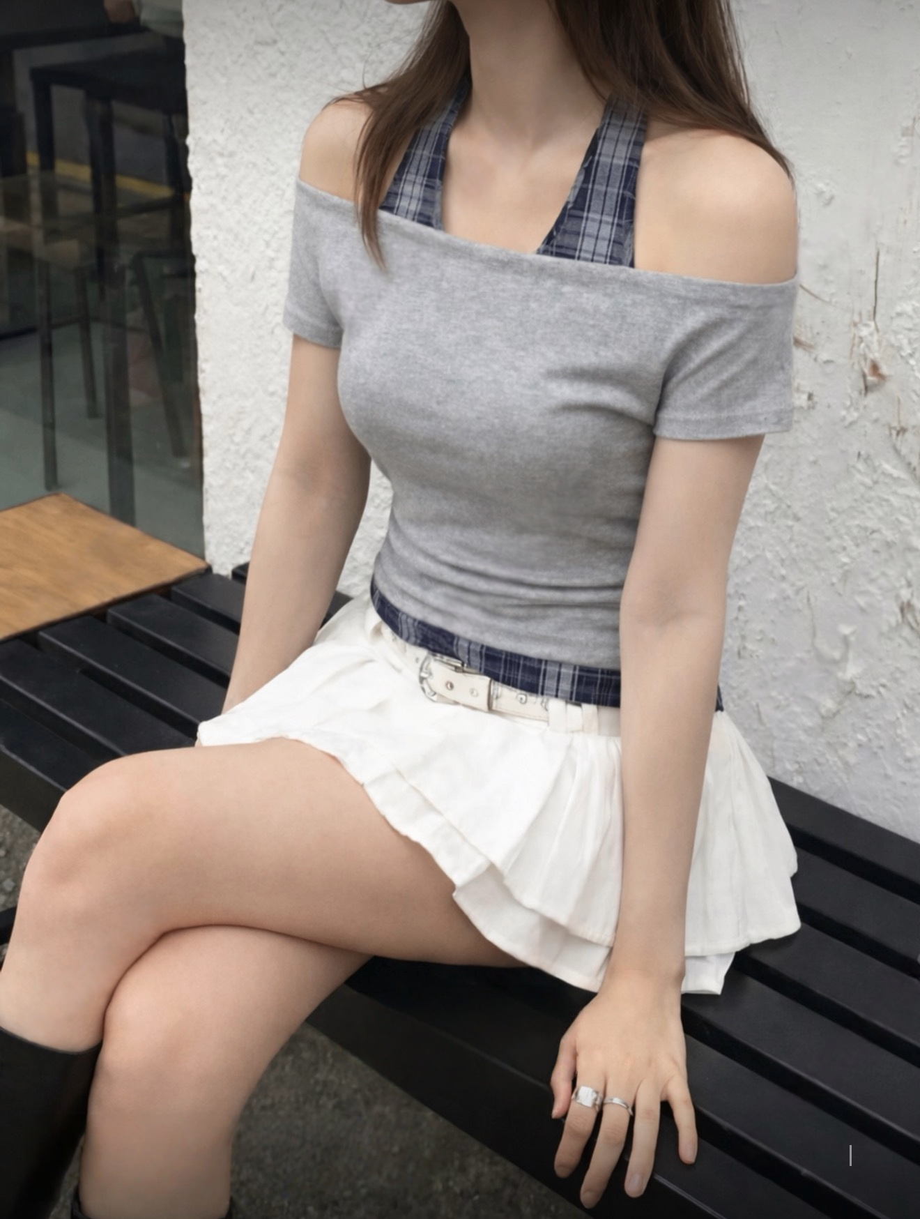 （3月韓國連線）T1351｜韓系格紋掛頸假兩件上衣⋆.˚ ☾⭒.˚