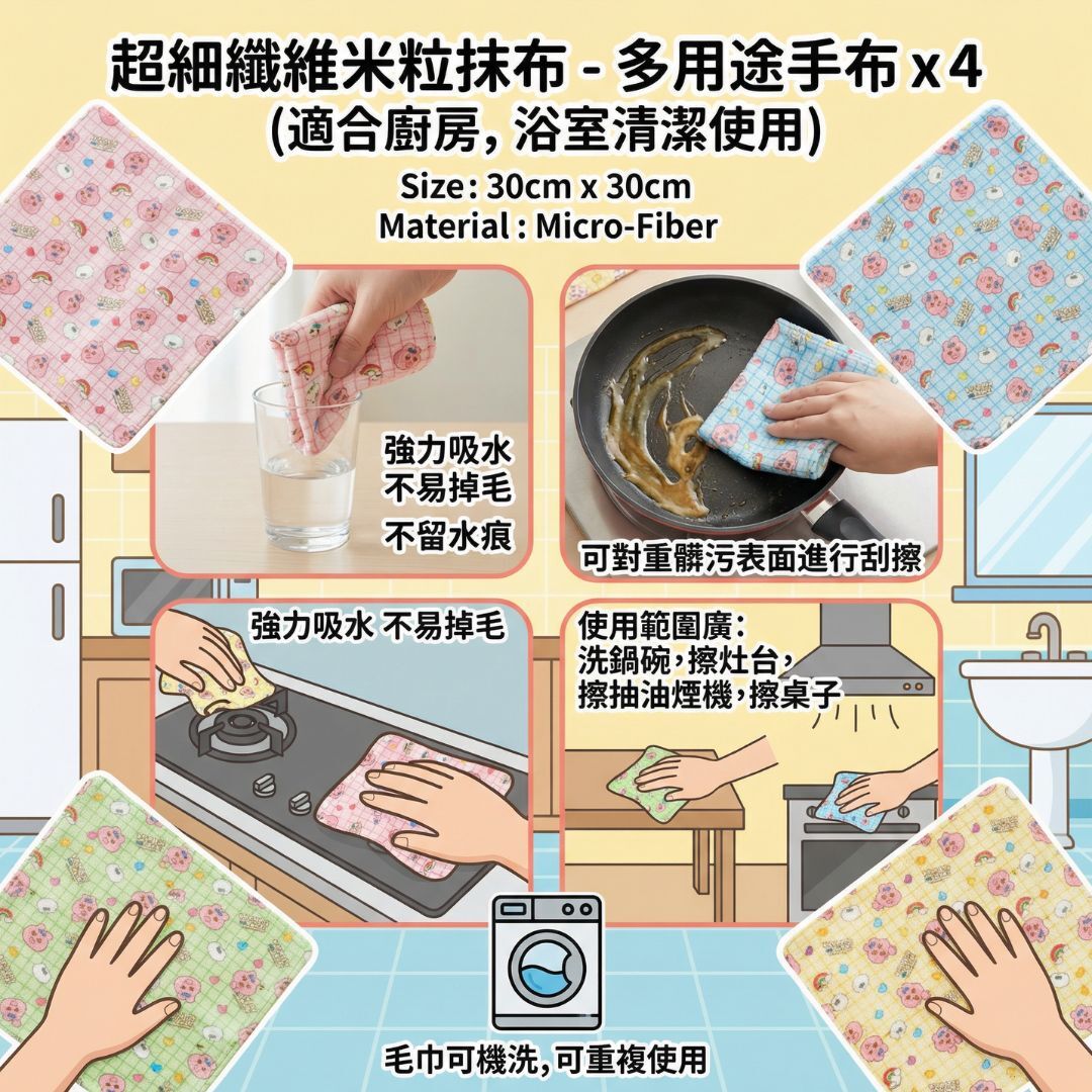 褲褲兔 底褲兔 4P超細纖維廚房抹布(清潔布)