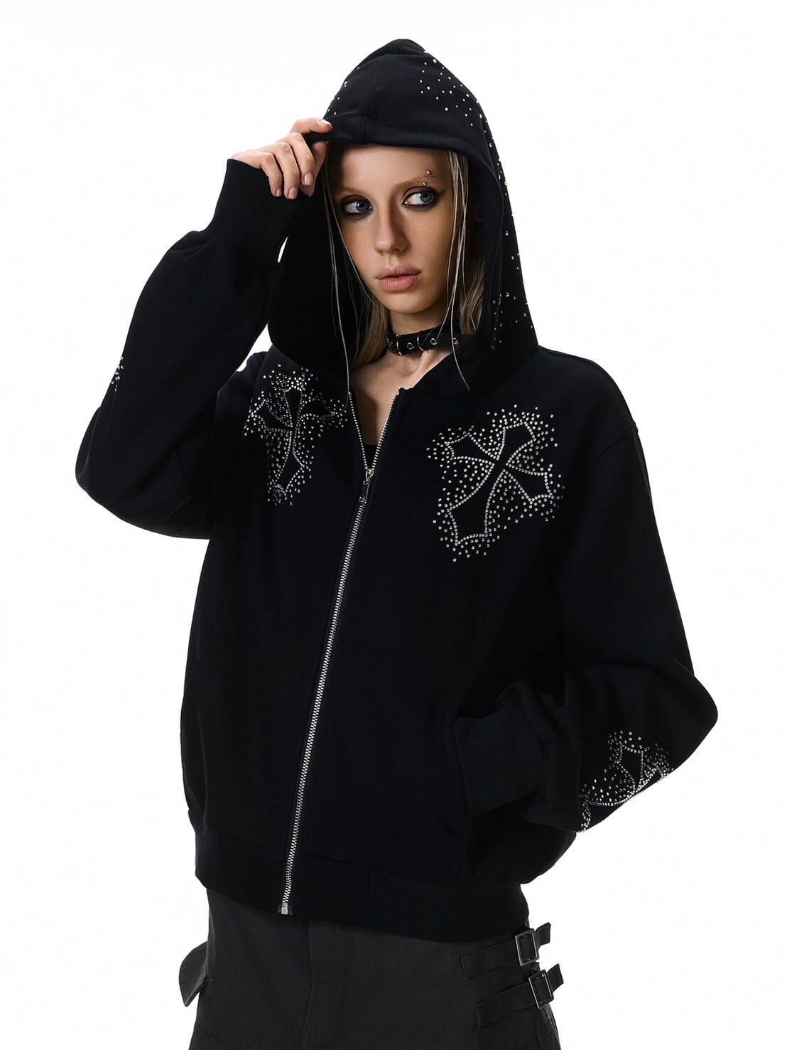 十字水鑽連帽外套