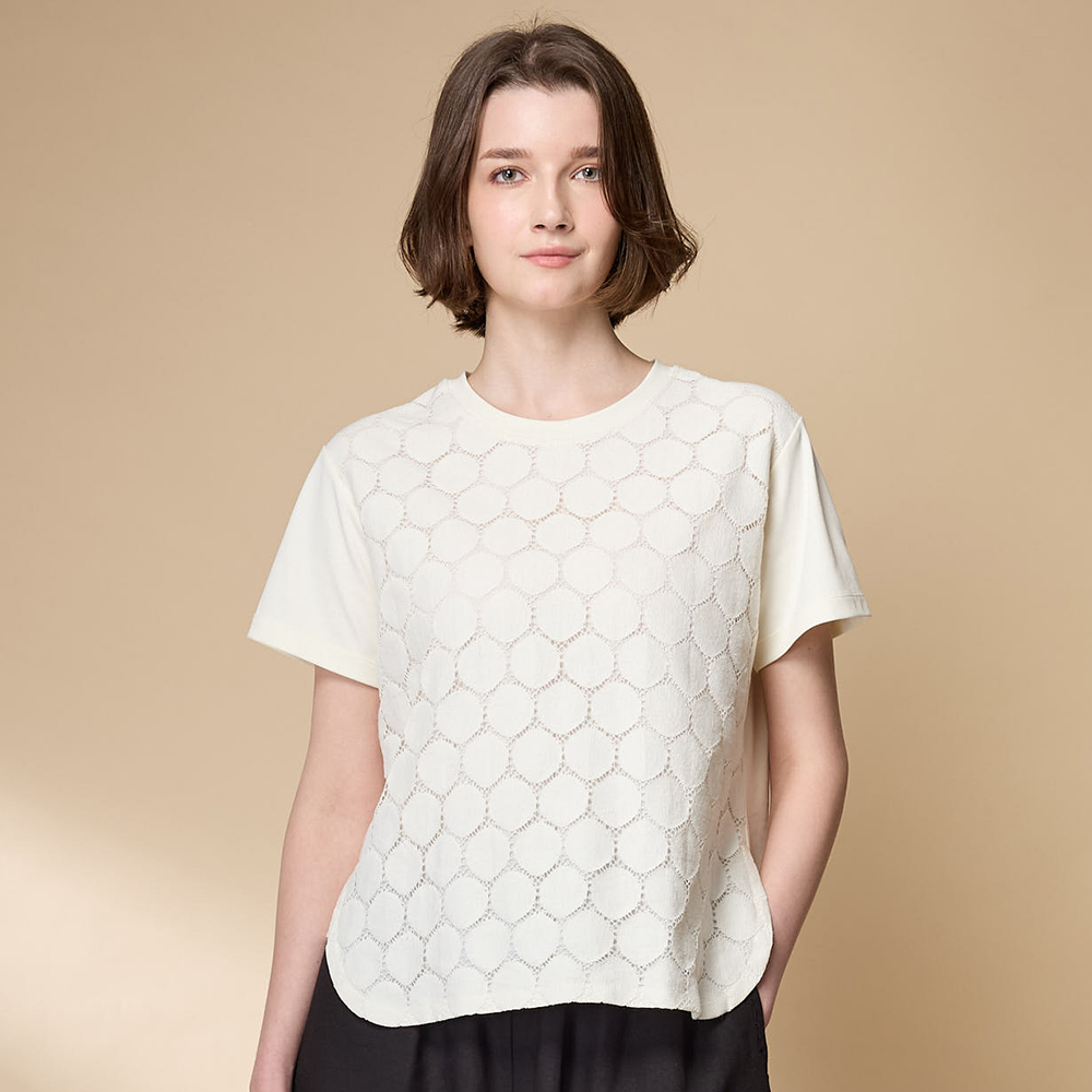PIPPY 簡約優雅剪接蕾絲圓領短袖上衣 白