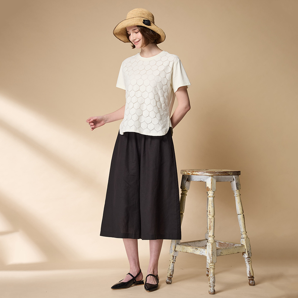 PIPPY 簡約優雅剪接蕾絲圓領短袖上衣 白