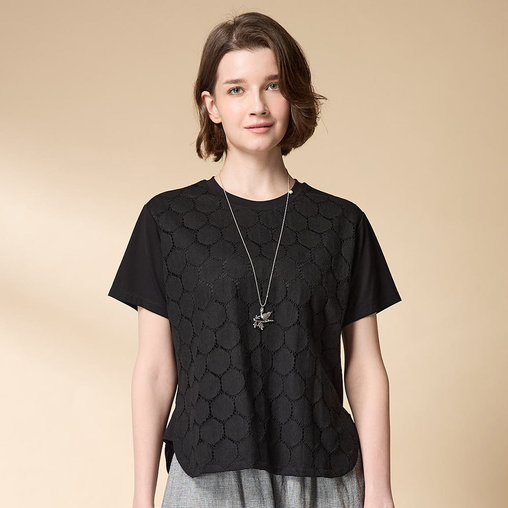 PIPPY 簡約優雅剪接蕾絲圓領短袖上衣 黑